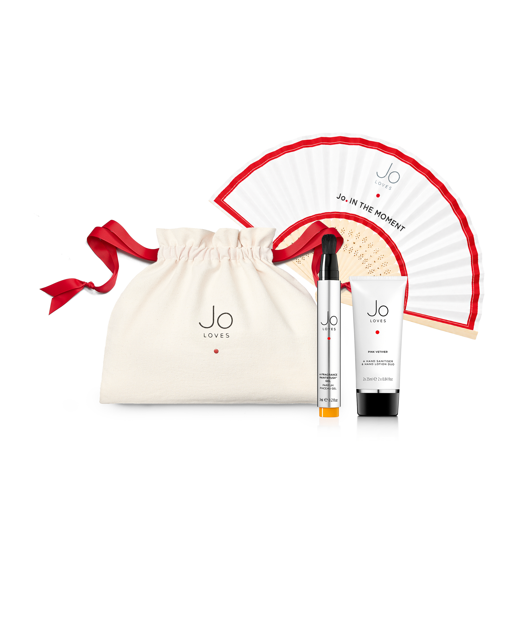 A Festival Edit: Mango Thai Lime Fragrance Paintbrush™ (7ml), Pink Vetiver Hand Sanitiser & Hand Lotion (2x25ml), Jo.In The Moment Fan